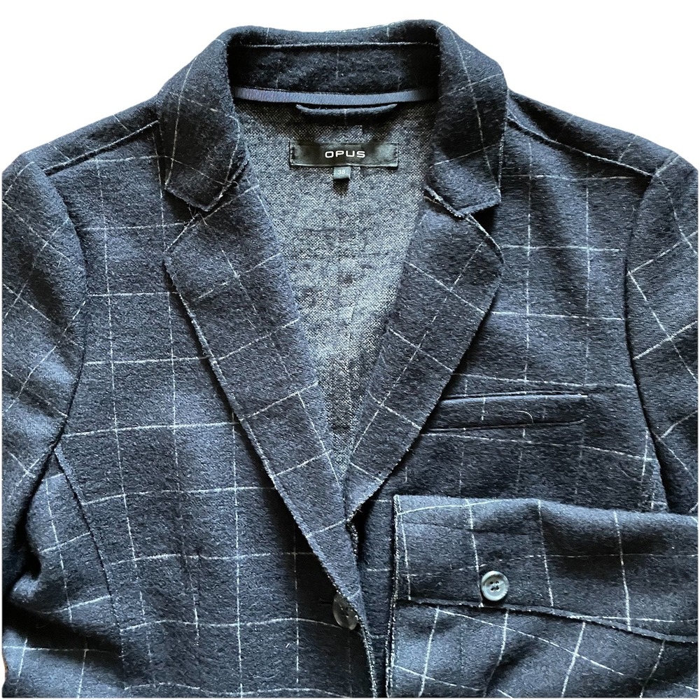 Opus Haley Window Check Blazer Women 38 Blue Longline Wool Jacket Vintage Scandi - Picture 3 of 9